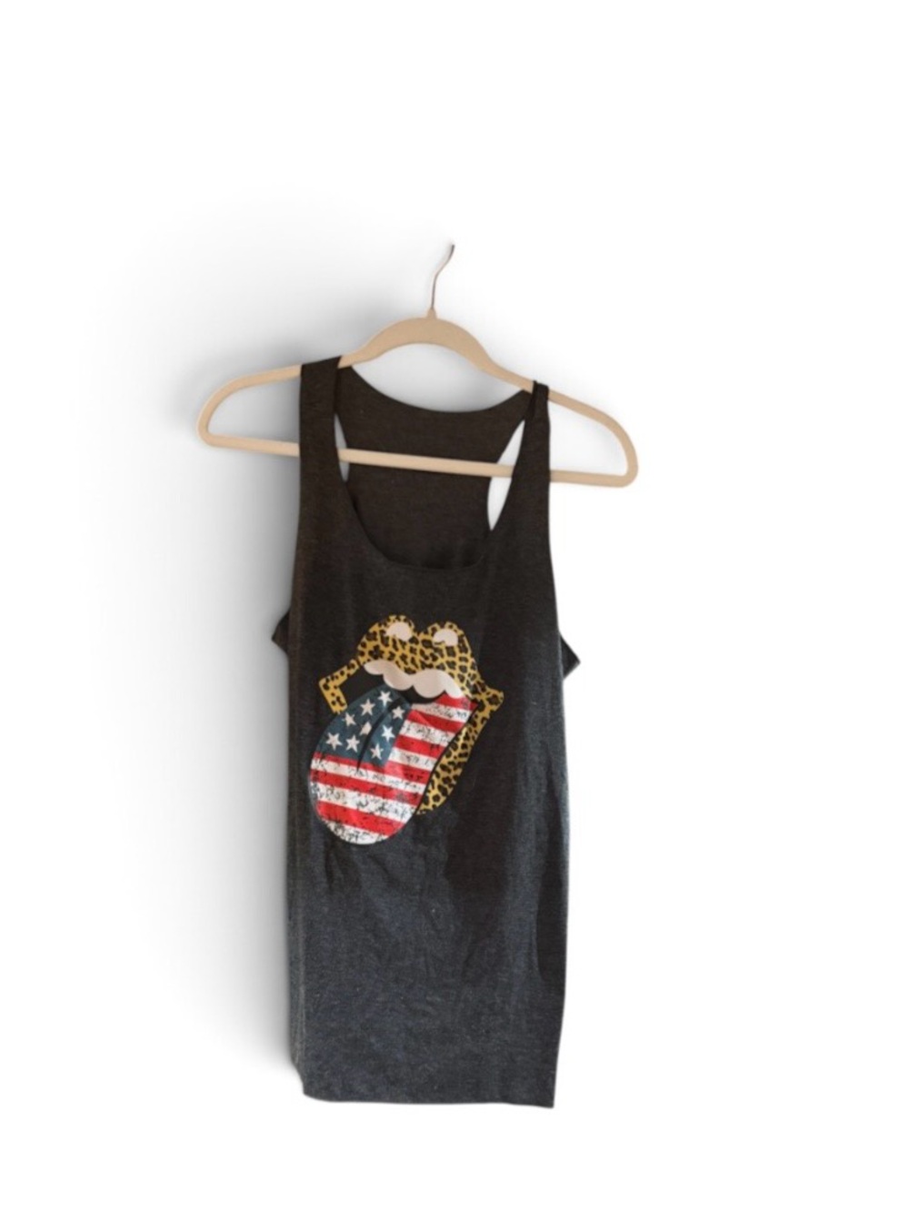 Women’s Black Graphic Tank Top with Leopard-Trim American Flag Tongue